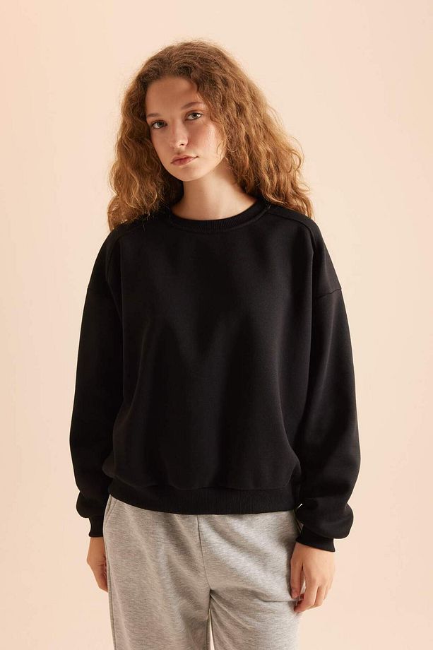 Coool Oversize Geniş Kalıp Bisiklet Yaka Basic Düz Kalın Siyah Sweatshirt D9022AXNS - 3