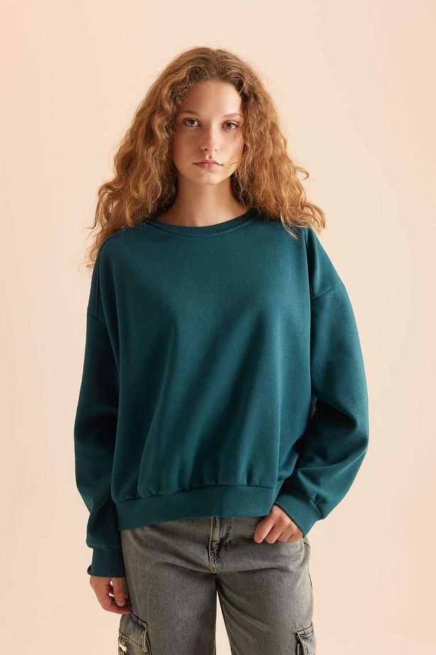 Coool Oversize Geniş Kalıp Bisiklet Yaka Basic Düz Kalın Siyah Sweatshirt D9022AXNS - 3