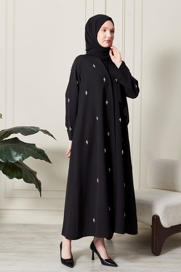 Siyah Önü Çıtçıtlı Cepli Taş İşlemeli Abaya - Ferace - 5