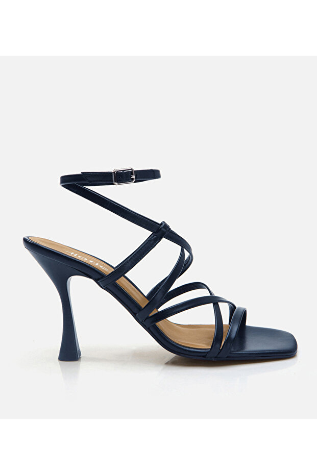 Women's Leather Navy Blue Heeled Sandals