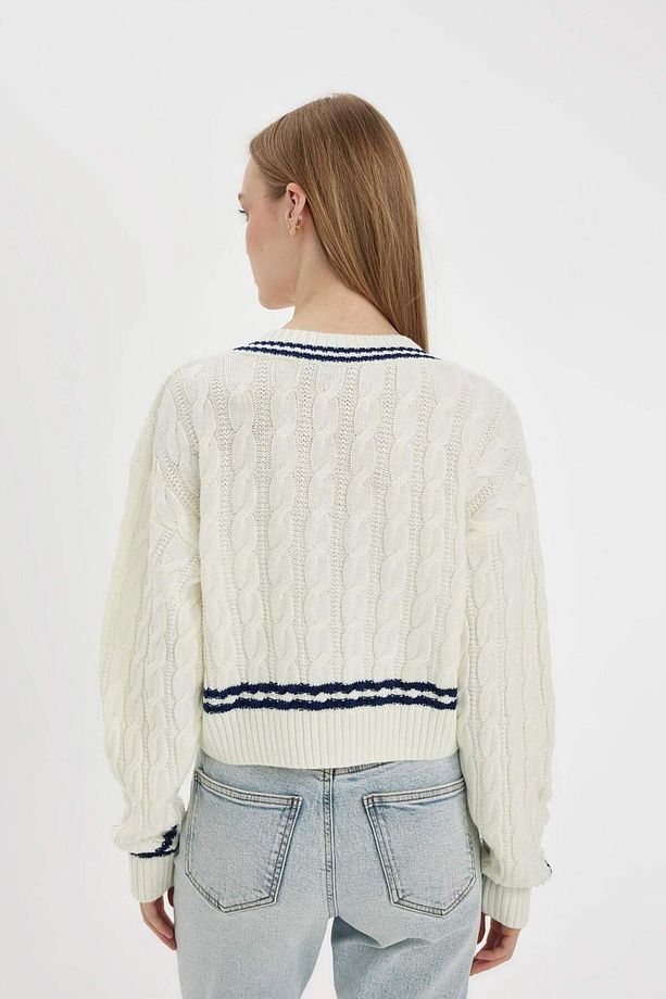 Coool Regular Fit V Yaka Saç Örgülü Çizgi Triko Kazak C7321AX24WN - 8