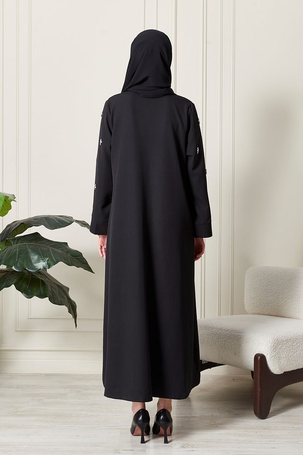 Siyah Önü Çıtçıtlı Cepli Taş İşlemeli Abaya - Ferace - 7