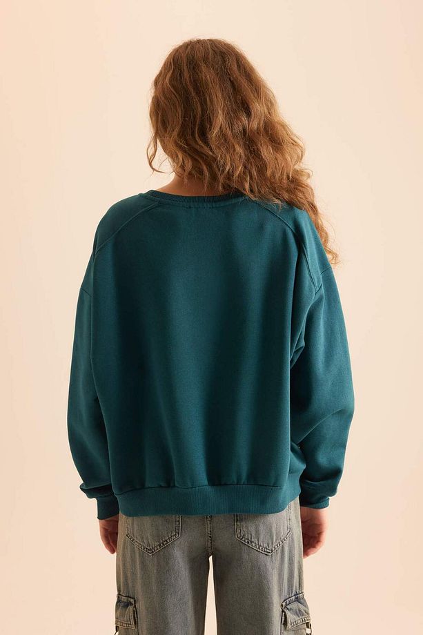 Coool Oversize Geniş Kalıp Bisiklet Yaka Basic Düz Kalın Siyah Sweatshirt D9022AXNS - 5