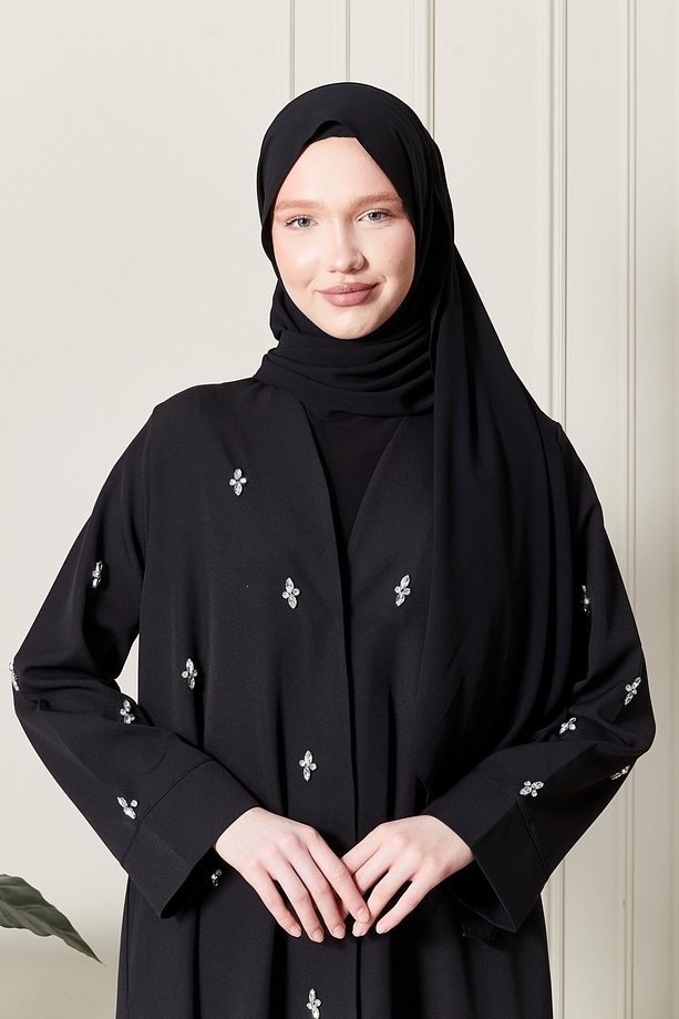 Siyah Önü Çıtçıtlı Cepli Taş İşlemeli Abaya - Ferace - 2