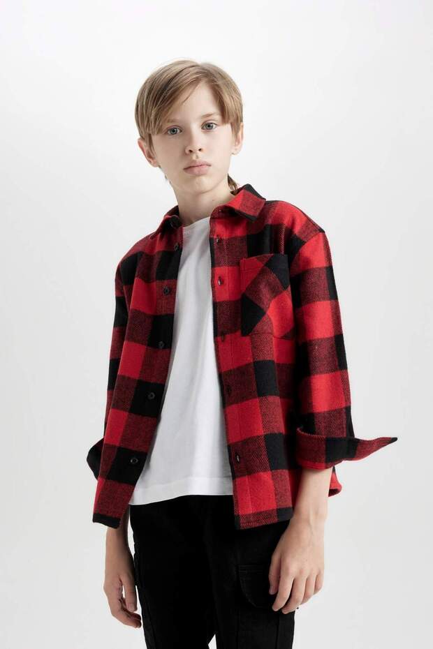 Oversize Polo Collar Cotton Long Sleeve Checkered Shirt for Boys D9721A824Wn