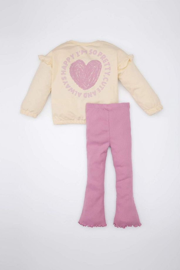 Kız Bebek 2'li Takım Kalp Desenli Sweatshirt Beli Lastikli İspanyol Paça Tayt D2860A524AU - 5