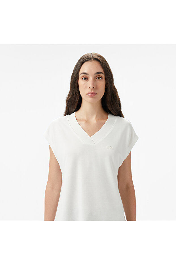 Kadın Slim Fit V Yaka Beyaz T-Shirt - 4