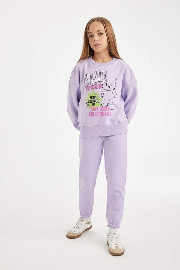 Kız Çocuk 2li Takım Baskılı Bisiklet Yaka Sweatshirt Beli Lastikli Jogger Eşofman Altı D2218A824WN - 2