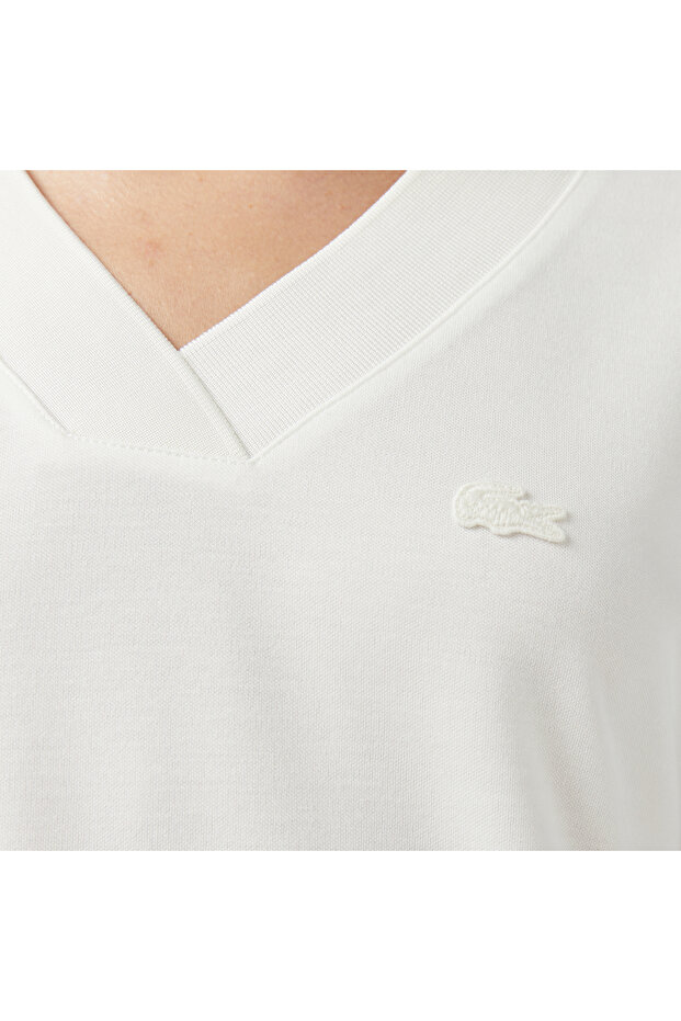 Kadın Slim Fit V Yaka Beyaz T-Shirt - 5
