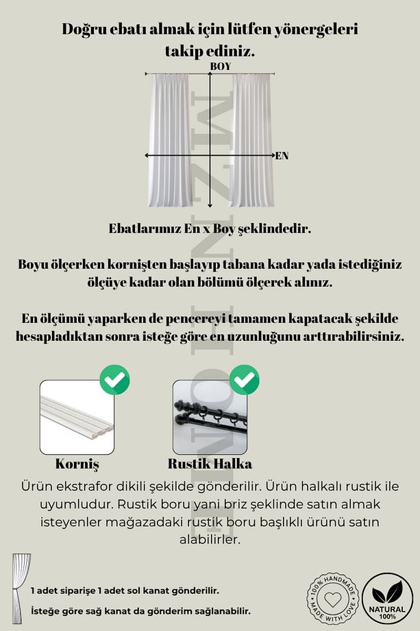 Fırfırlı Düz Bej Vintage Keten Perde (EN X BOY) - Tek Kanat - Bağcık Hediyeli - 6