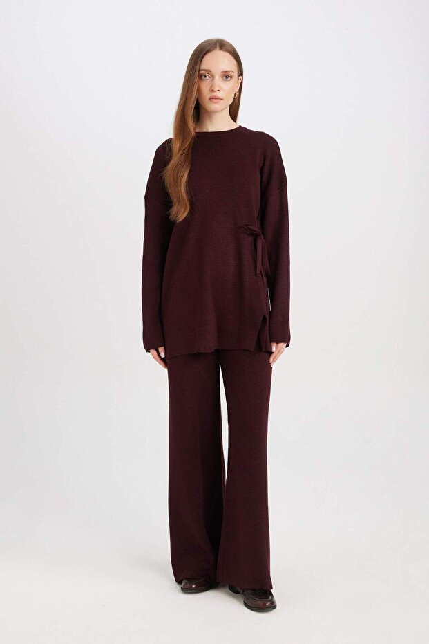 Regular Fit Bisiklet Yaka Bağlamalı Basic Düz Triko Kazak Tunik D7508AX24WN - 4