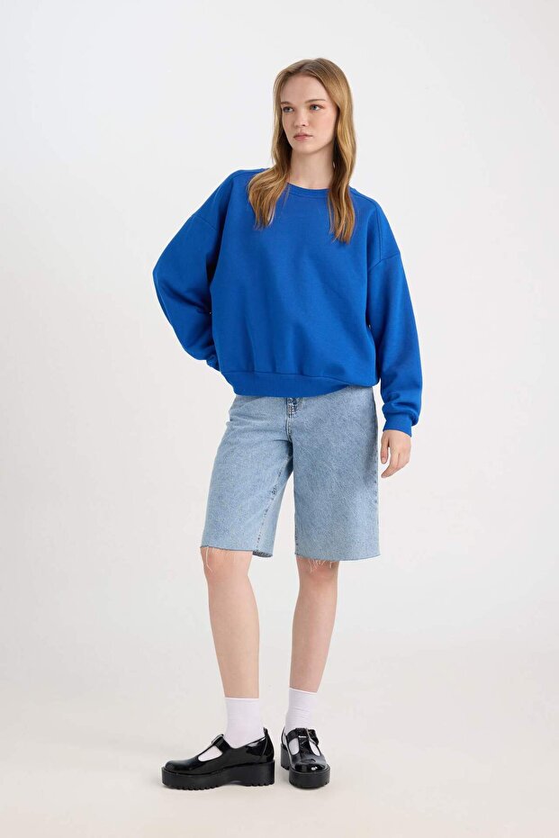 Coool Oversize Geniş Kalıp Bisiklet Yaka Basic Düz Sweatshirt (25 WN) - 2