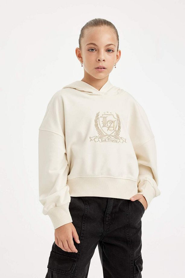 Kız Çocuk Oversize Geniş Kalıp Kapüşonlu İşlemeli Sweatshirt D2885A824WN - 1