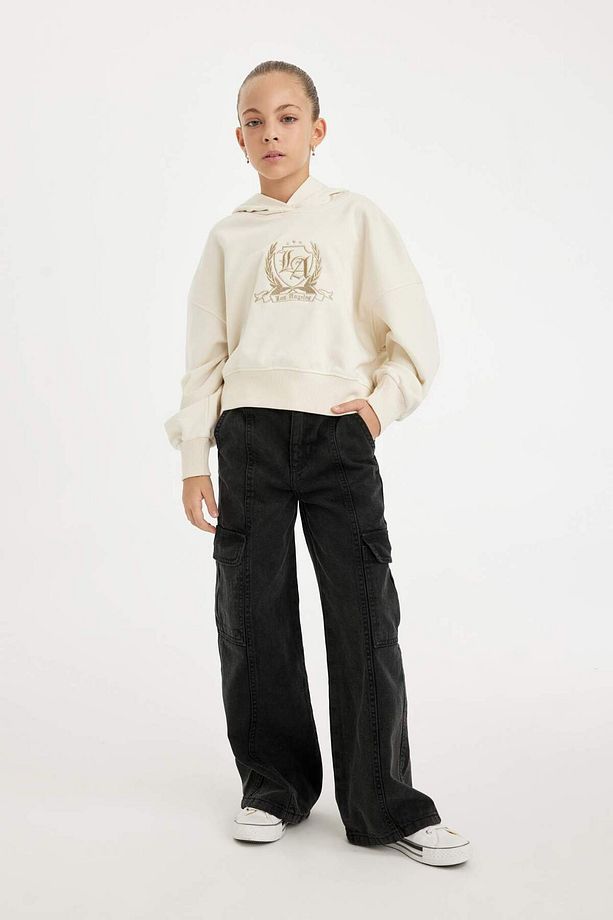 Kız Çocuk Oversize Geniş Kalıp Kapüşonlu İşlemeli Sweatshirt D2885A824WN - 2