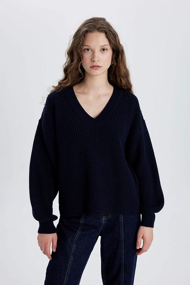 Okula Dönüş Oversize Geniş Kalıp V Yaka Basic Düz Triko Kazak Z7135AZ24WN - 7