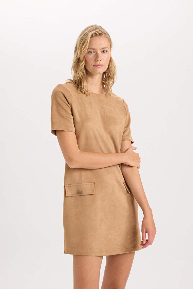 Yuvarlak Yaka Skuba Dalgıç Kumaş Kısa Kollu Mini Elbise D8644AX24AU - 1