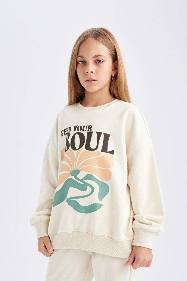 Oversized Wide Fit Crew Neck Printed Sweatshirt Girls D2880A824Wn