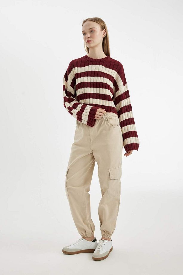 Regular Fit Çizgili Bisiklet Yaka Crop Triko Kazak A8152AX24WN - 2