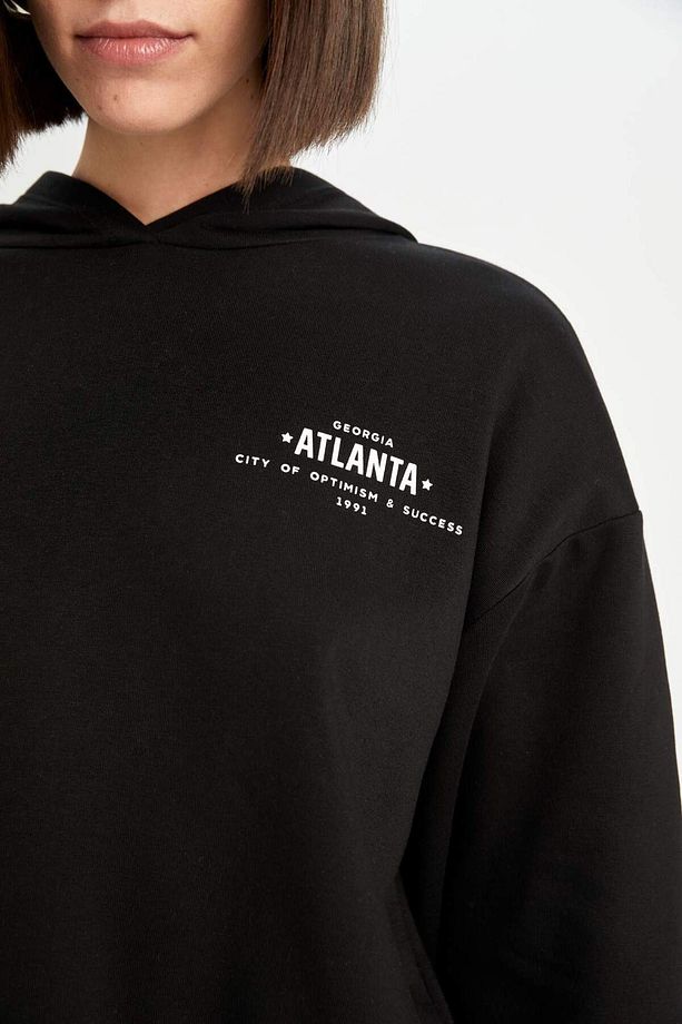 Boxy Fit Kapüşonlu Baskılı Kalın Siyah Sweatshirt D6717AX24WN - 5