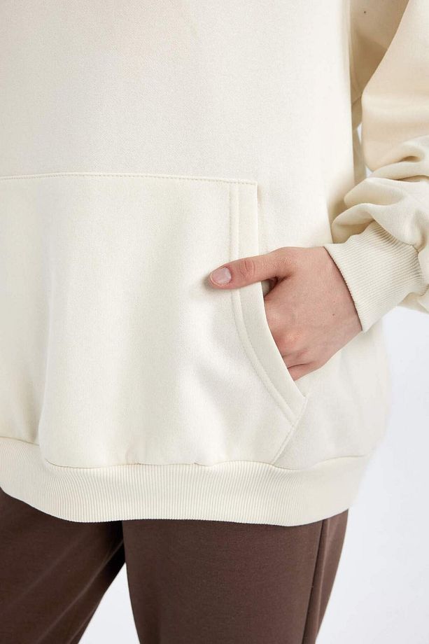 Oversize Geniş Kalıp Kapüşonlu Kanguru Cepli Kalın Basic Düz Sweatshirt C7805AX24WN - 6