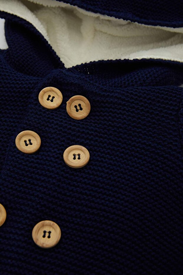 Erkek Bebek Lacivert İçi Polarlı Çift Düğmeli Kapüşonlu Triko Hırka A3840A524WN - 2