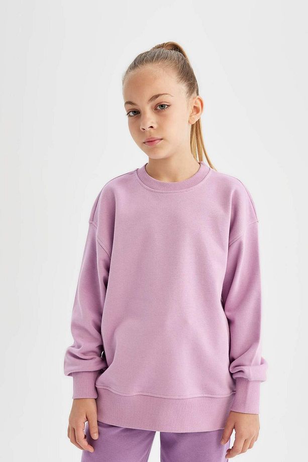 Kız Çocuk Relax Fit Bisiklet Yaka Pamuklu Basic Düz Okul Sweatshirt A2797A824AU - 1