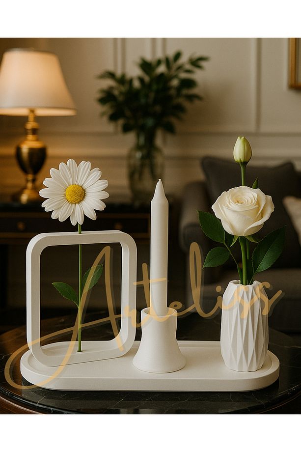 Bohem Iskandinav Tarzı Modern 3’lü Dikdörtgen Vazo Şamdan Mum Ve Tepsi Seti - Minimal Dekoratif Obje - 4