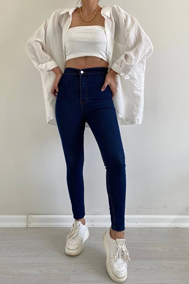 Dark Blue High Waist Skinny Fit Jean Lycra Front Pocketless Leggings Trousers Black Jeans