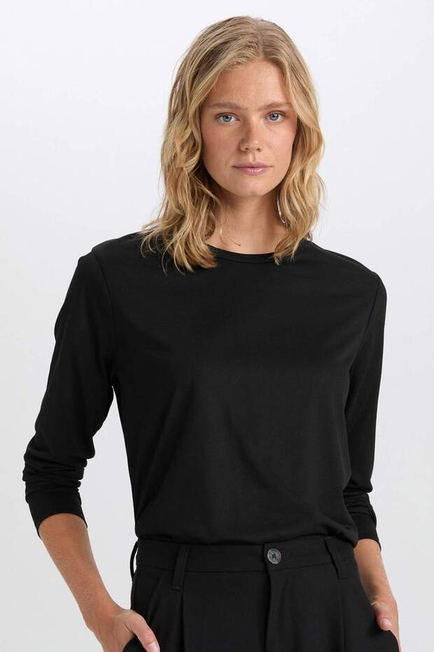 Regular Fit Bisiklet Yaka Basic Düz Casual Uzun Kollu Tişört A5028AX24WN - 1