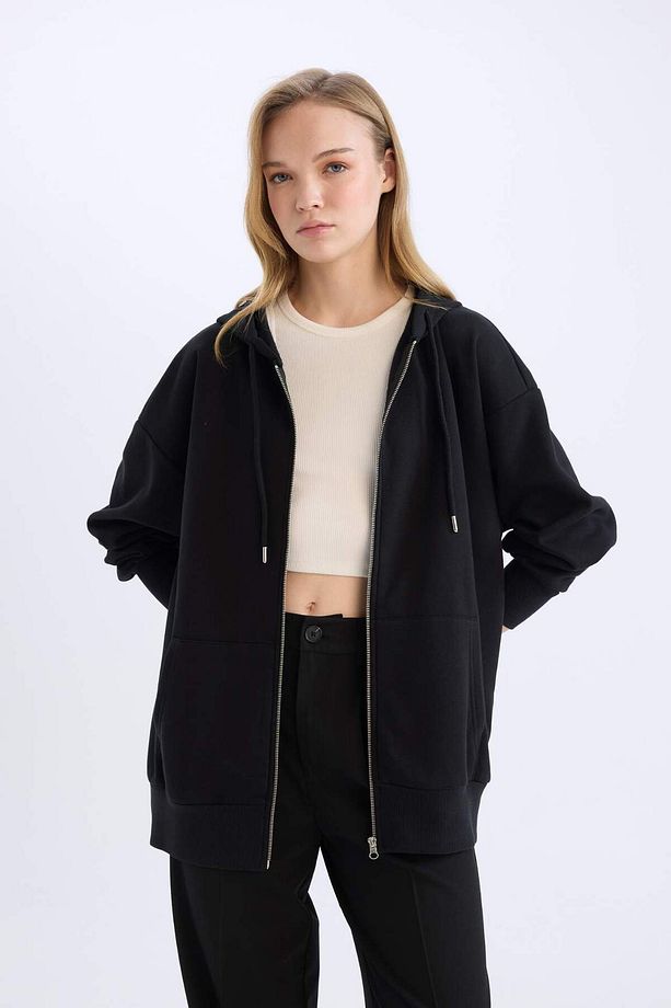 Oversize Geniş Kalıp Kapüşonlu Cepli Basic Düz Fermuarlı Sweatshirt V4233AZ24WN - 4