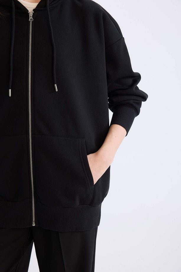 Oversize Geniş Kalıp Kapüşonlu Cepli Basic Düz Fermuarlı Sweatshirt V4233AZ24WN - 5