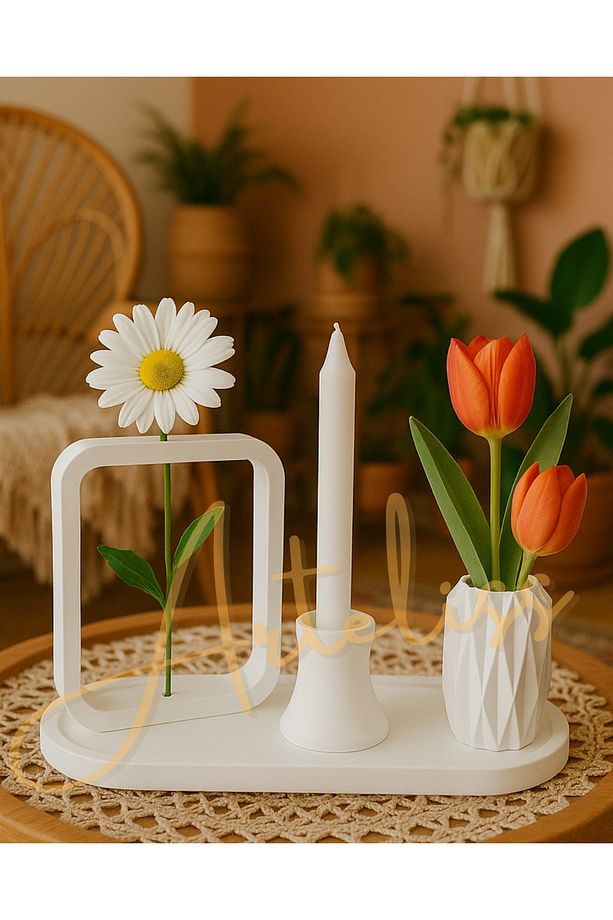 Bohem Iskandinav Tarzı Modern 3’lü Dikdörtgen Vazo Şamdan Mum Ve Tepsi Seti - Minimal Dekoratif Obje - 3