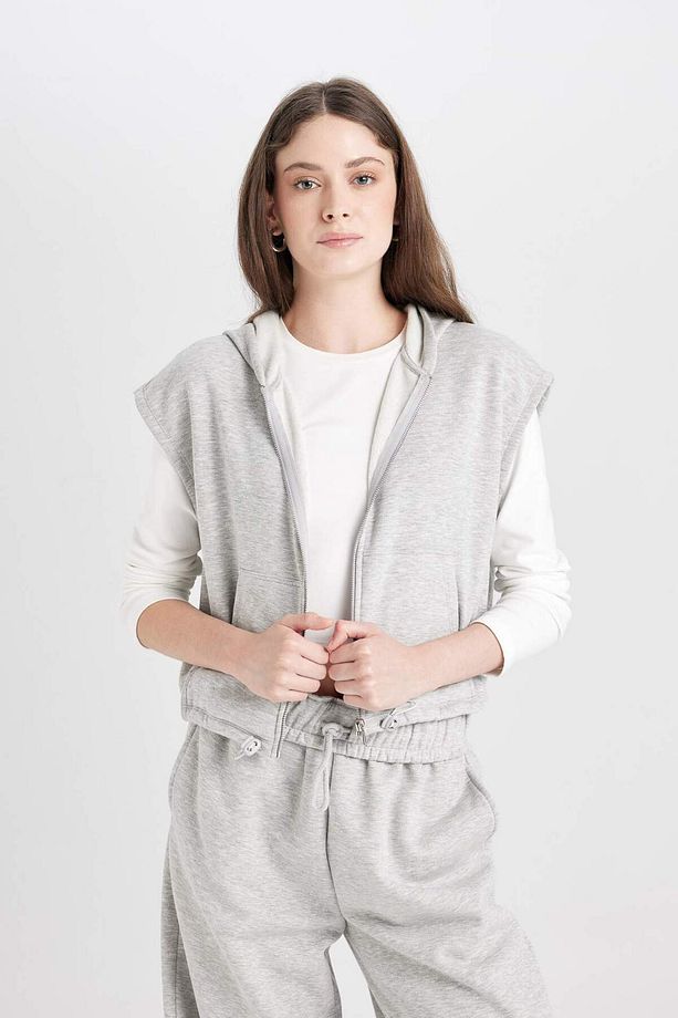 Coool Loose Fit Basic Düz Kanguru Cepli Kolsuz Fermuarlı Sweatshirt D6887AX24WN - 4