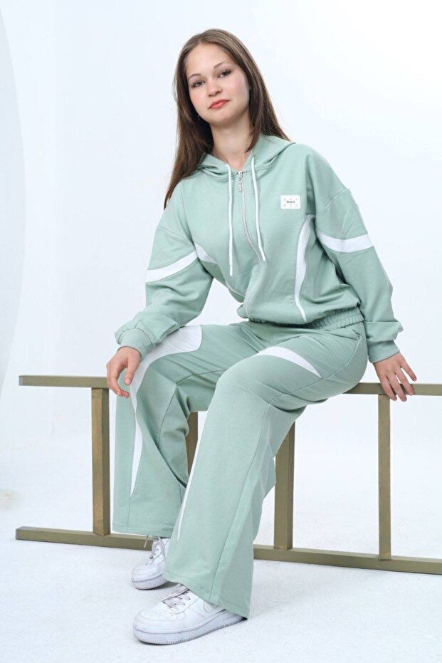 Trend Oversize Girl's 100% Cotton Garnished Tracksuit Set – Zippered Model-315