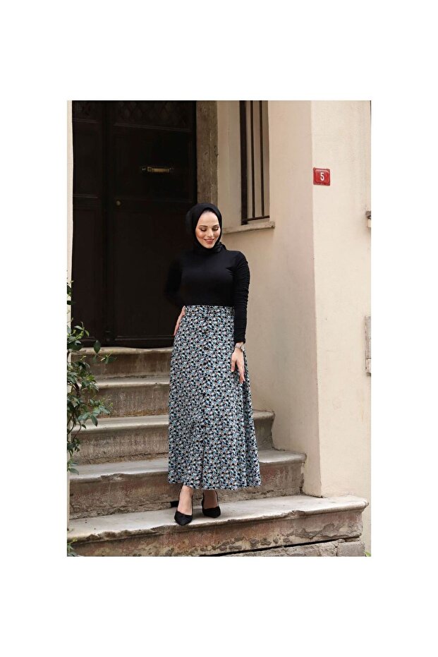 Düğmeli Viscon Etek Mavi - 3