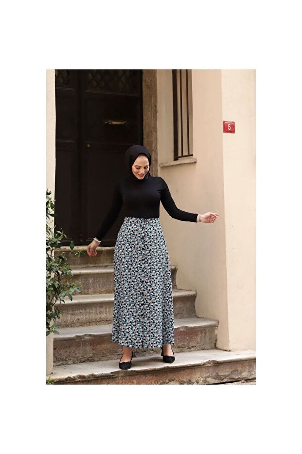 Düğmeli Viscon Etek Mavi - 1