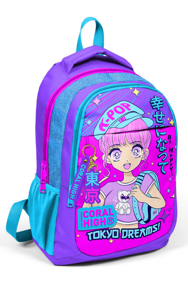 Kids Purple Pink Blue Glitter K-Pop Patterned Three Compartment School Backpack 14403