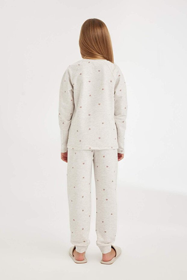 Kız Çocuk Pijama Takımı Kalp Baskılı Uzun Kollu Üst Uzun Alt D3728A824AU - 6