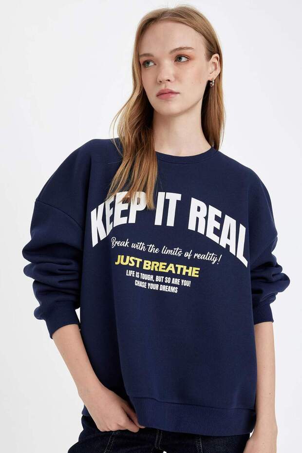 Oversize Wide Fit Crew Neck Printed Thick Sweatshirt 3166201