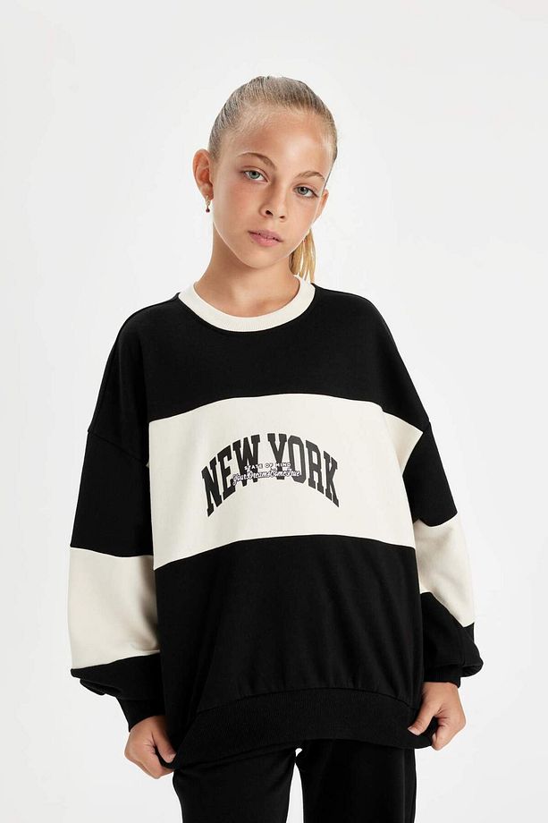 Kız Çocuk Siyah Oversize Geniş Kalıp Bisiklet Yaka Baskılı Sweatshirt D1105A824AU - 4