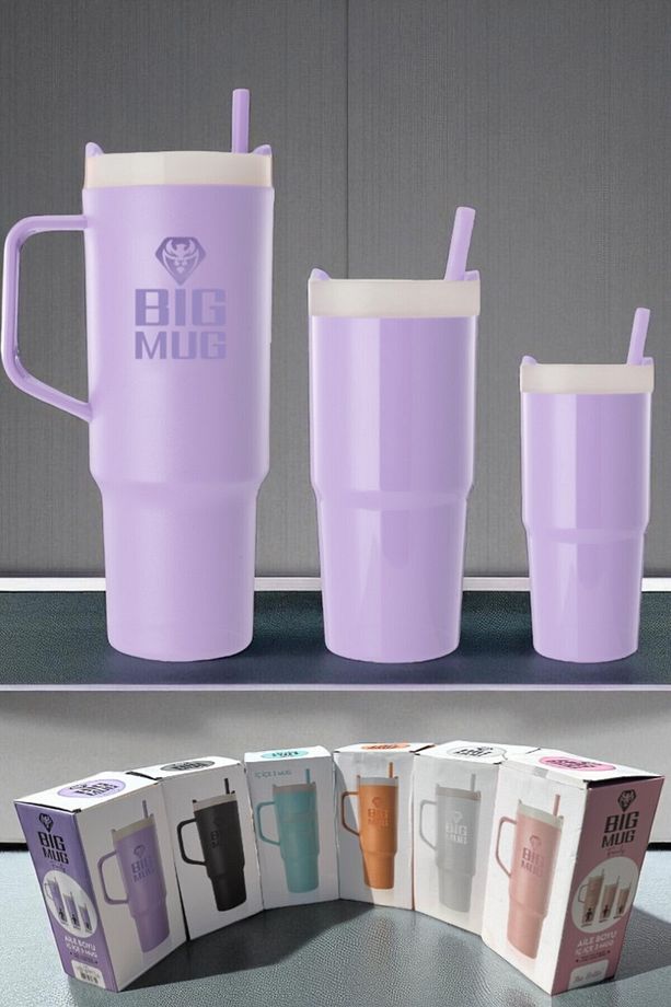 Tritan Big Family – 3'lü İç İçe Geçebilen Pipetli Bardak mug Seti - AİLE BOYU 3 LÜ MUG MOR - 7