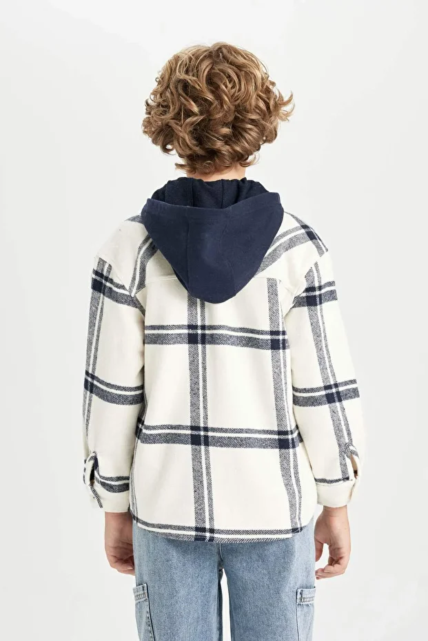 Erkek Çocuk Oversize Geniş Kalıp Kareli Kapüşonlu Flanel Uzun Kollu Gömlek C7519A824WN - 6