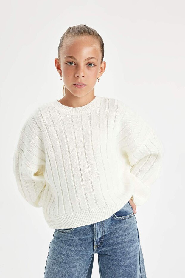 Kız Çocuk Oversize Geniş Kalıp Bisiklet Yaka Basic Düz Triko Kazak C6945A824AU - 4