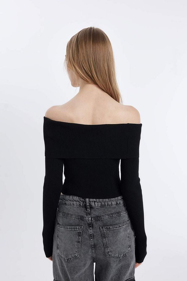 Coool Slim Fit Dar Kesim Açık Omuz Basic Düz Triko Kazak B6537AX24WN - 5