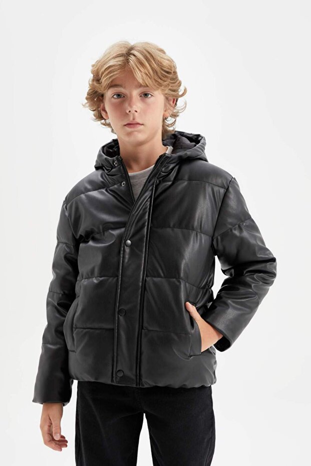 Waterproof Hooded Snap Fastener Zipper Pocket Faux Leather Coat Boy's C5572A824Wn