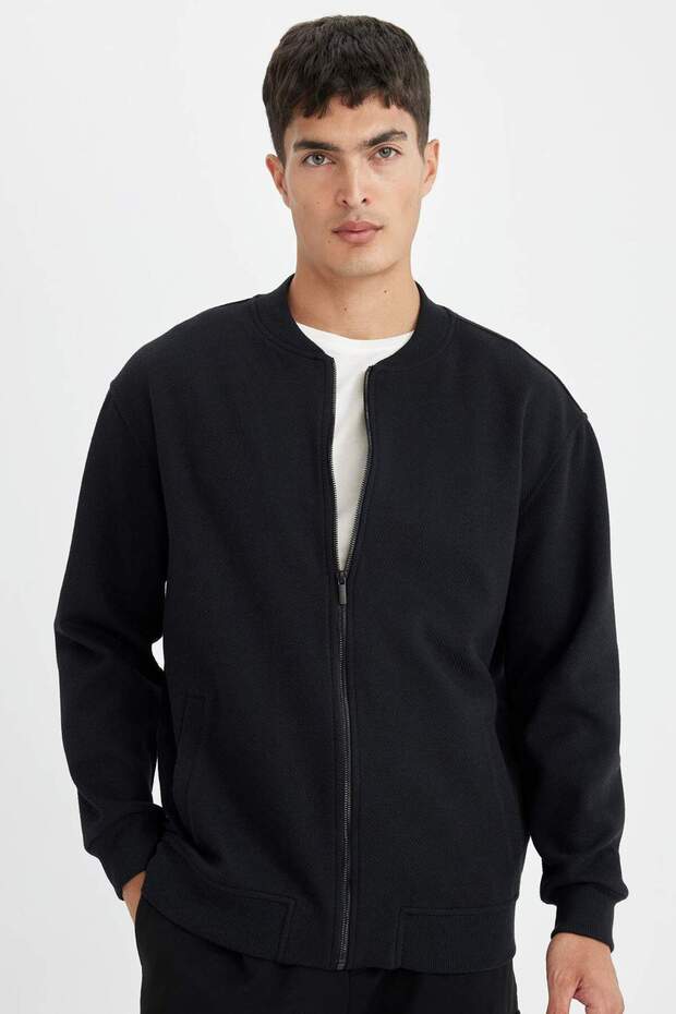 Relax Fit College Collar Zippered Double Pocket Seasonal Thin Bomber Cardigan D2605Ax24Au