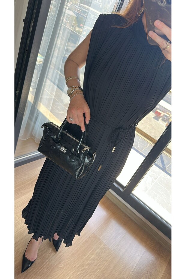 Pliseli Midi Elbise – Kuşak Detaylı Şıklık - 5
