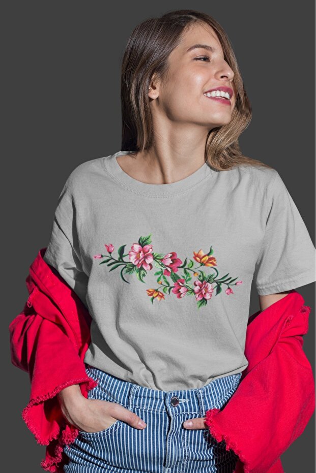 Women's Medium Flower5 Transfer Printed Round Neck Short Sleeve T-Shirt