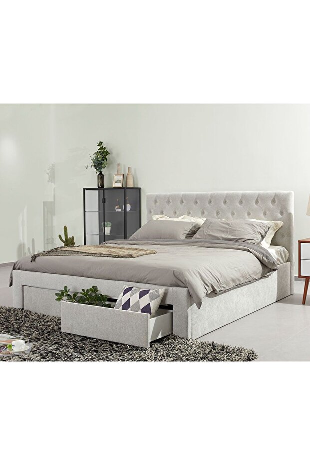 Bacia 150x200 Queen Bed with 2 Front Drawers - Light Grey L218xW162xH111cm