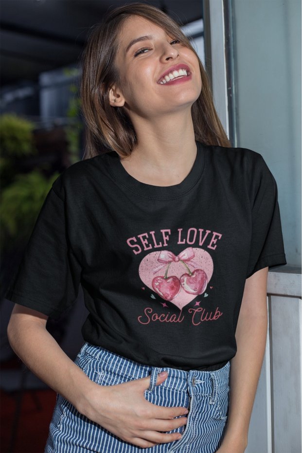 Women's Ribbon Cherry1 Transfer Printed Round Neck Short Sleeve T-Shirt